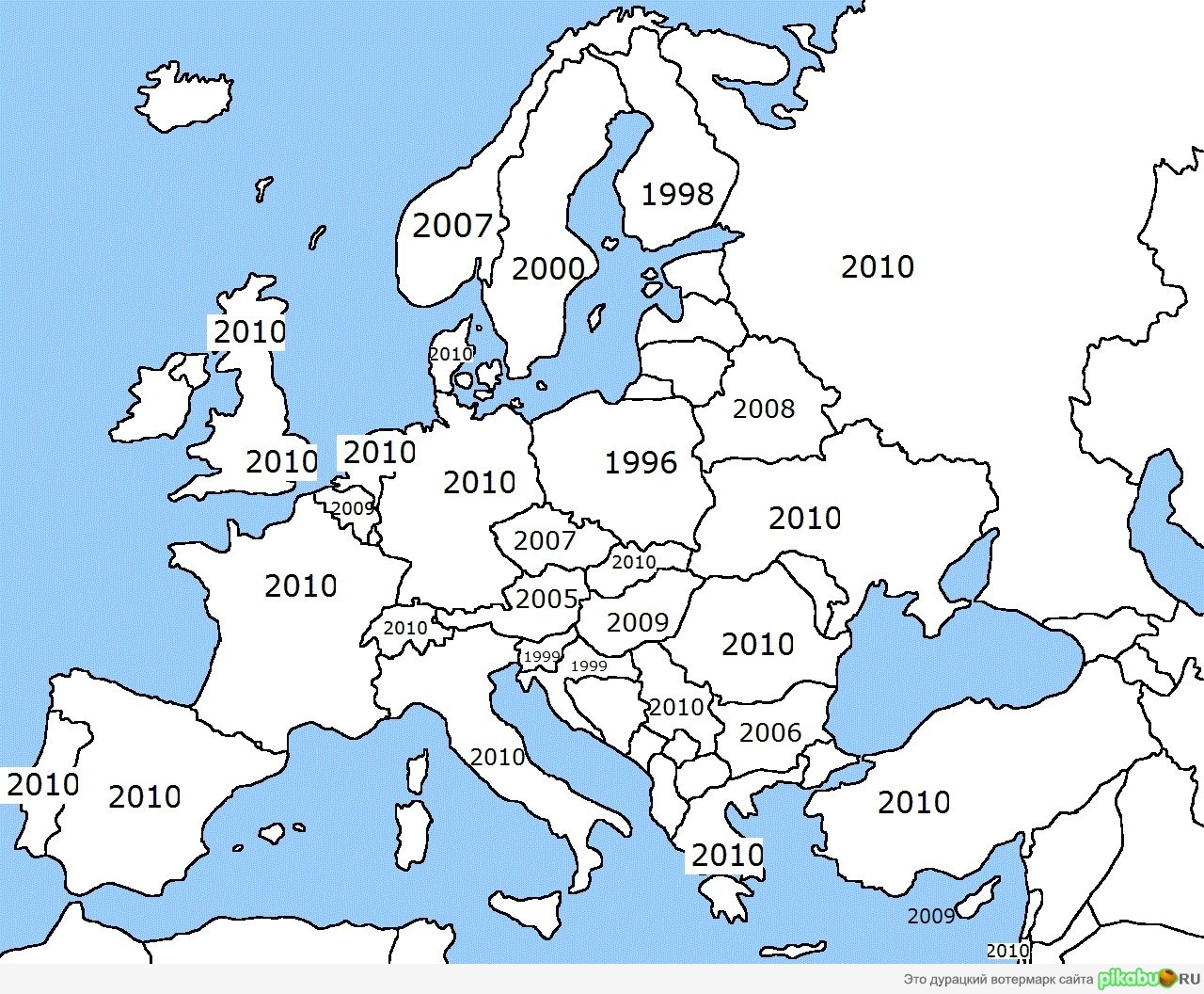 Эта карта показывает в каком году страна была последний раз представлена в Лиге Чемпионов