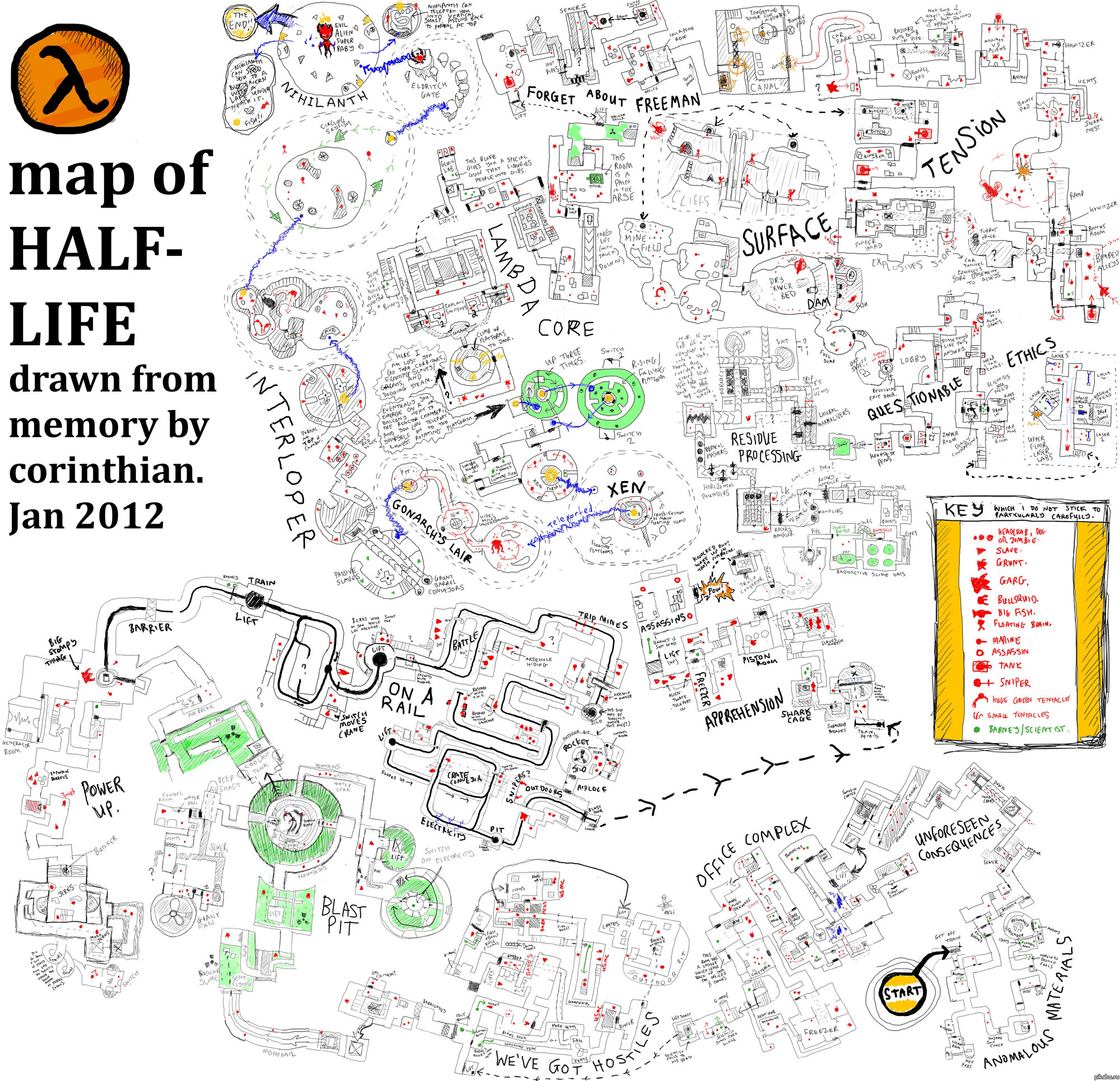 Карта игры Half Life, нарисованная по памяти. | Пикабу