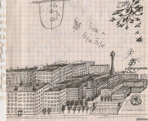 Рисунки на полях. Нарисовал еще в школе на физике. Начиная с 6-7 класса все тетрадки и даже учебники загажены непонятными узорами:) В универе иногда приходится замазкой все замазывать, чтобы преподу конспекты показать.