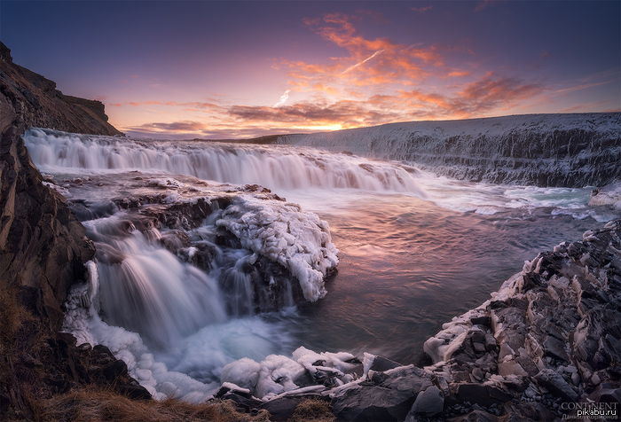 Iceland - Iceland, Waterfall, River, Sunset, Winter