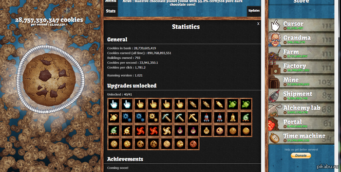 Пикабу играет в Cookie-Clicker. Не думаю что у кого-то больше набрано честным путем.
