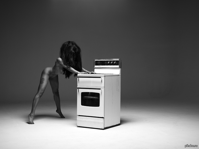 About a woman and a stove - NSFW, Beautiful girl, Plate, Black and white photo, Nudity
