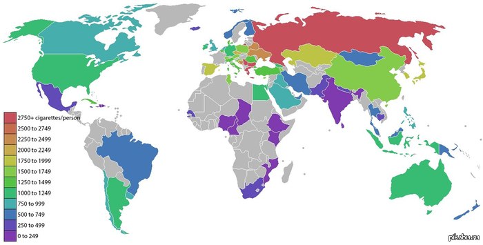 Годовое потребление сигарет на человека в мире.