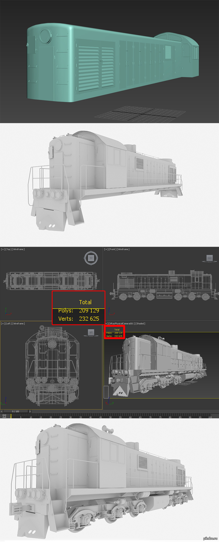 Locomotive TEM-2 3ds max - My, Hobby, 3DS max, 3D modeling, Locomotive, Longpost, Nintendo 3DS, Visualization, Vray