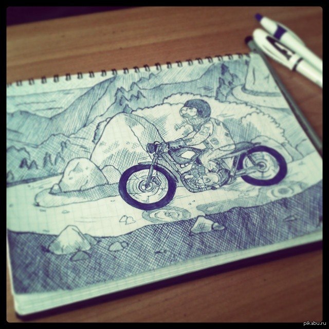 Bike to everyone) - My, Pen drawing, Drawing, Motorcyclist, Motorcyclists