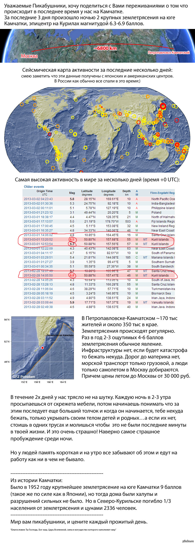 Карта землетрясений камчатка