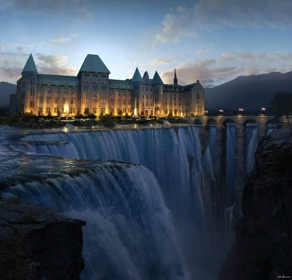 Дворец водопадов. Замок у водопада. Колледж Valleyfield, Канада.. Замок Шато Фронтенак Канада. Лес Квебек Канада. Замок в Швейцарии с водопадом из Шерлока Холмса.