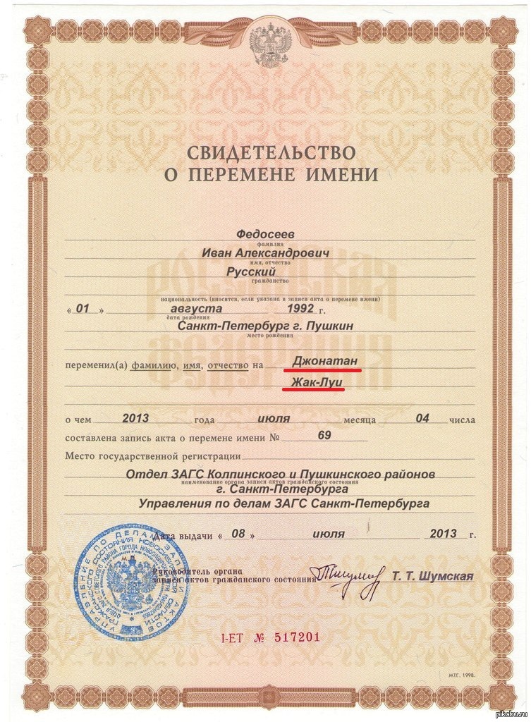 Перемена имени гражданина подлежит государственной регистрации