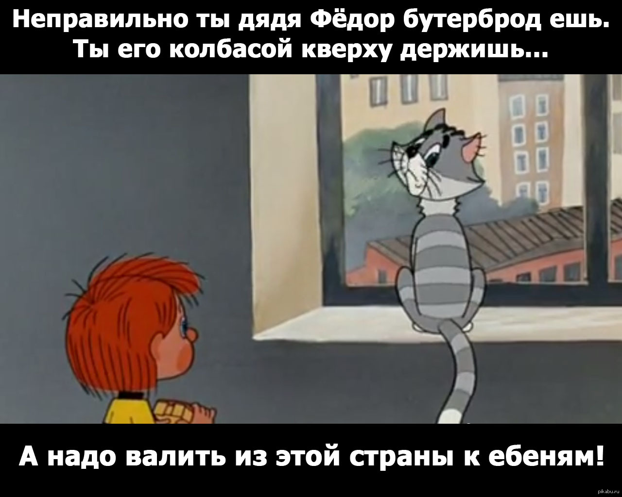 Надо вниз. Кот Матроскин на окне. Матроскин на подоконнике. Дядя Федор уезжает. Простоквашино неправильно.